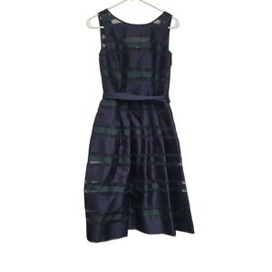 Talbots Petite Navy Green Striped Mesh Fit Flare Dress 2P NWT